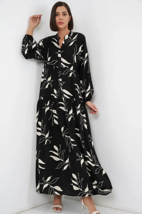 Kadın Desenli Uzun Tesettür Elbise 2585 - Y.Siyah