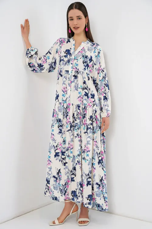 Kadın Desenli Uzun Tesettür Elbise 2585 - Z.Lacivert