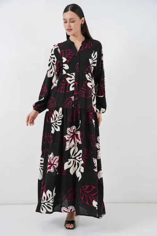 Kadın Desenli Uzun Tesettür Elbise 2585 - Z.Siyah