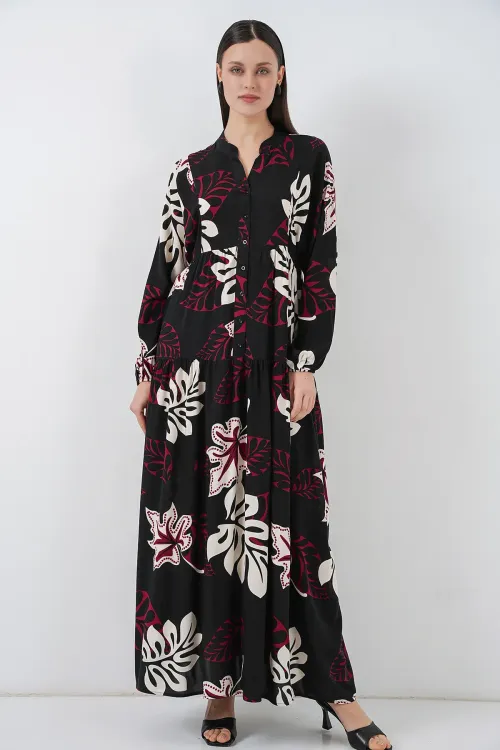 Kadın Desenli Uzun Tesettür Elbise 2585 - Z.Siyah