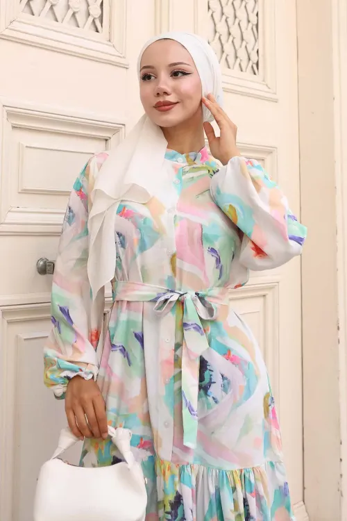 Kadın Desenli Uzun Tesettür Elbise 2586 - Turkuaz