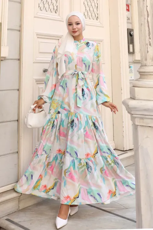 Kadın Desenli Uzun Tesettür Elbise 2586 - Turkuaz