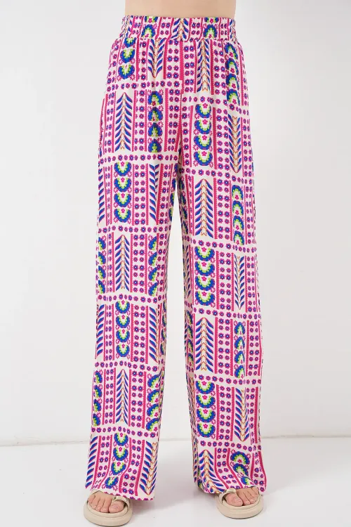 Kadın Desenli Viskon Pantolon 6749 - Fuşya