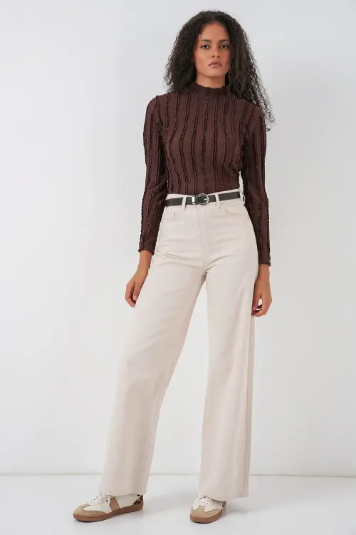 Kadın Dokulu Esnek Örme Bluz 975 - Kahverengi