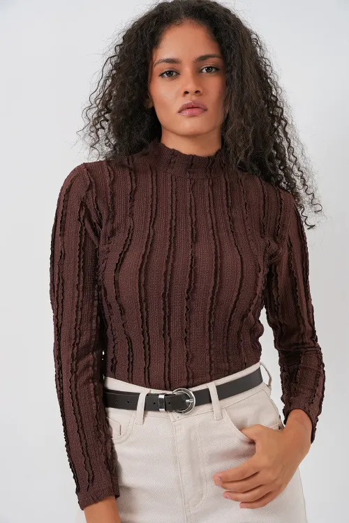 Kadın Dokulu Esnek Örme Bluz 975 - Kahverengi