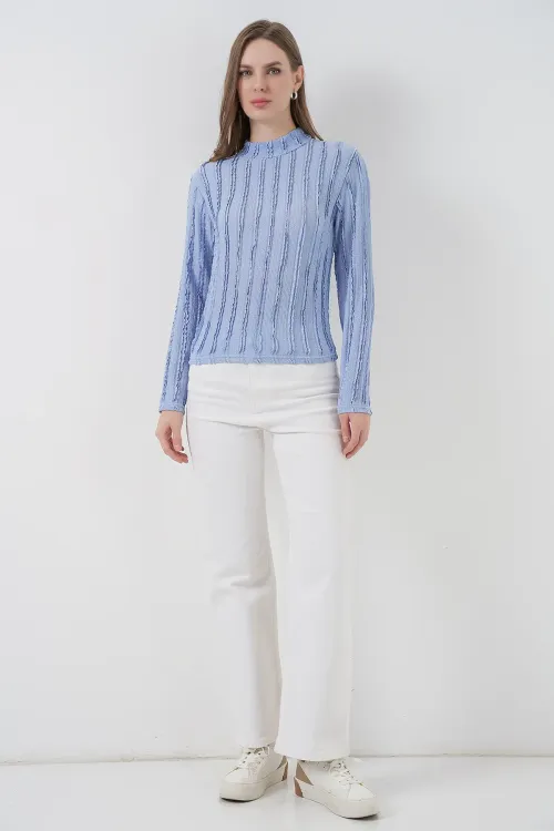 Kadın Dokulu Esnek Örme Bluz 975 - Mavi