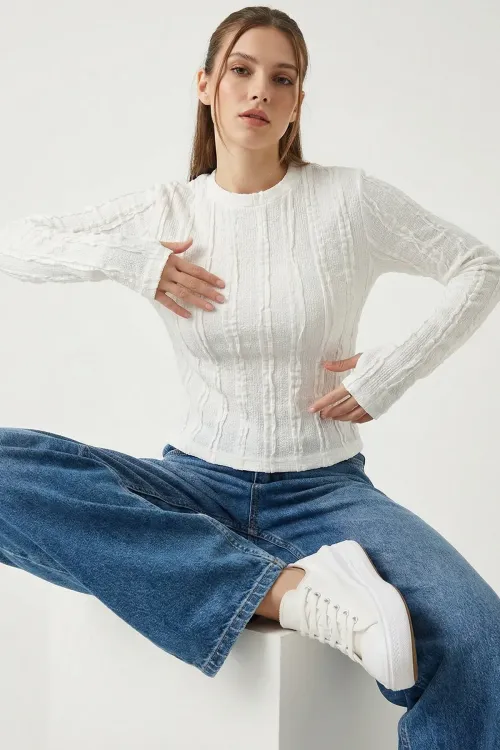 Kadın Dokulu Örme Bluz 980 - Beyaz