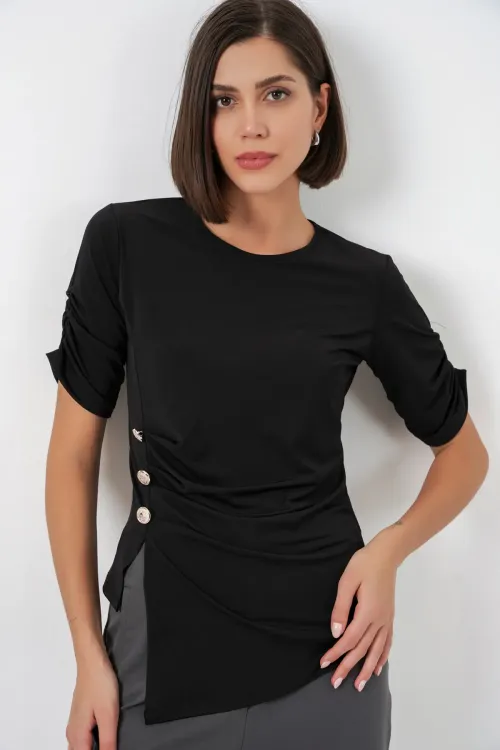 Kadın Düğme Detaylı Sandy Bluz 992 - Siyah