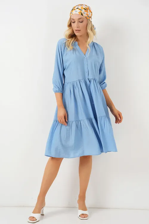 Kadın Düğmeli Kısa Kol Elbise 2559 - İndigo