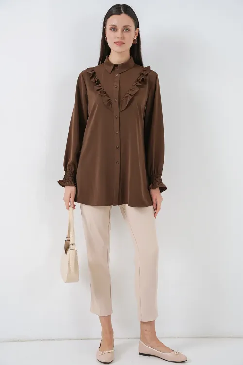 Kadın Fırfırlı Uzun Gömlek Tunik 5986 - Kahverengi