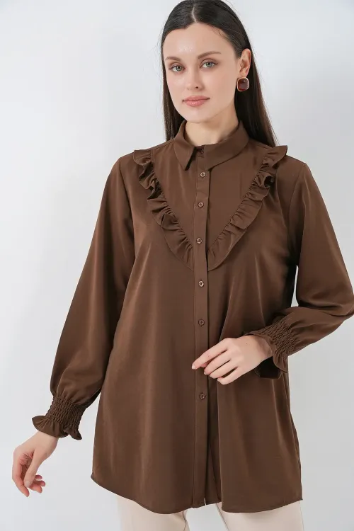 Kadın Fırfırlı Uzun Gömlek Tunik 5986 - Kahverengi