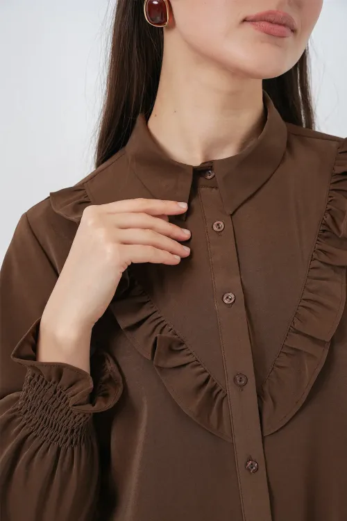 Kadın Fırfırlı Uzun Gömlek Tunik 5986 - Kahverengi