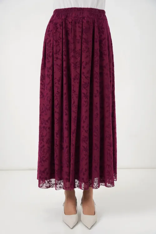 Kadın Flok Baskılı Astarlı Etek 8069 - Mürdüm