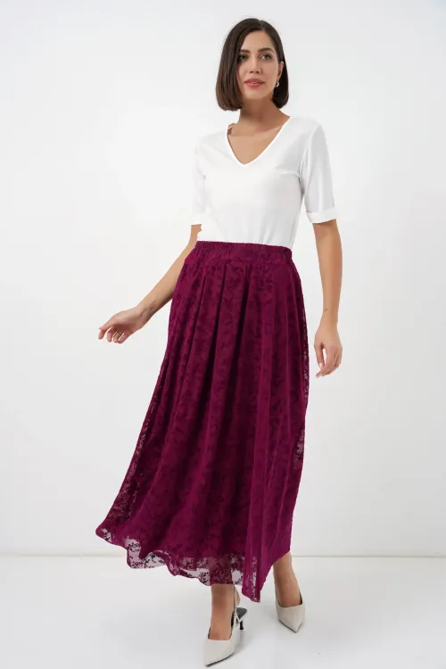 Kadın Flok Baskılı Astarlı Etek 8069 - Mürdüm