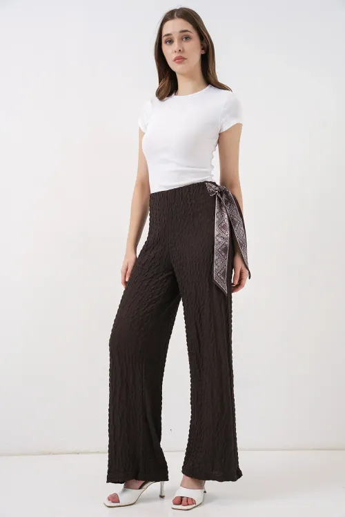 Kadın Fularlı Örme Pantolon 30070 - Kahverengi