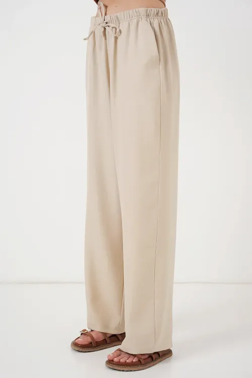 Kadın Geniş Paça Keten Pantolon 6735 - Krem