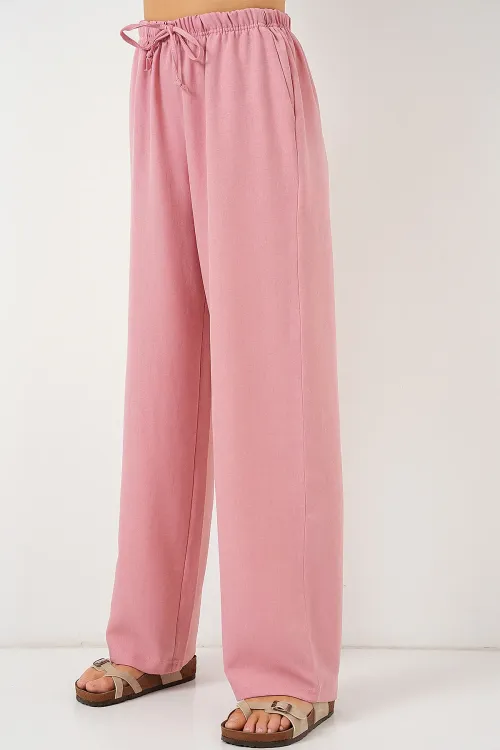 Kadın Geniş Paça Keten Pantolon 6735 - Pudra