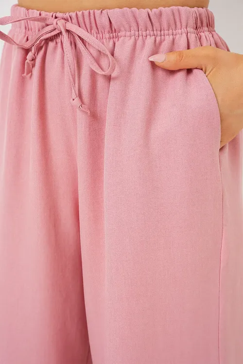 Kadın Geniş Paça Keten Pantolon 6735 - Pudra