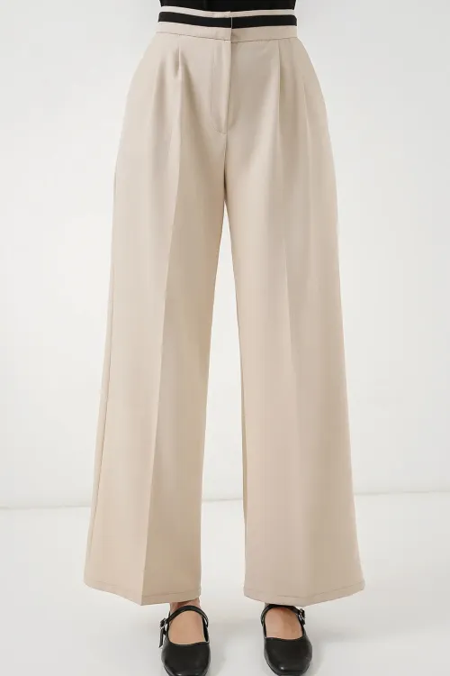Kadın Geniş Paça Kumaş Pantolon 30088 - Krem