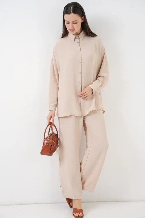 Kadın Gömlek Pantolon İkili Takım 30063 - Krem