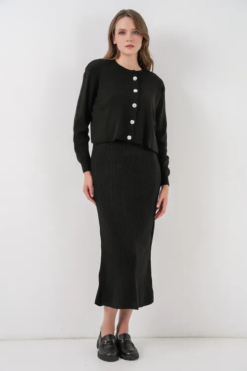 Kadın Hırka Elbise Triko İkili Takım 15960 - Siyah