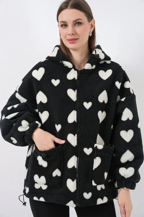 Kadın Kapüşonlu Peluş Ceket 5236 - Siyah