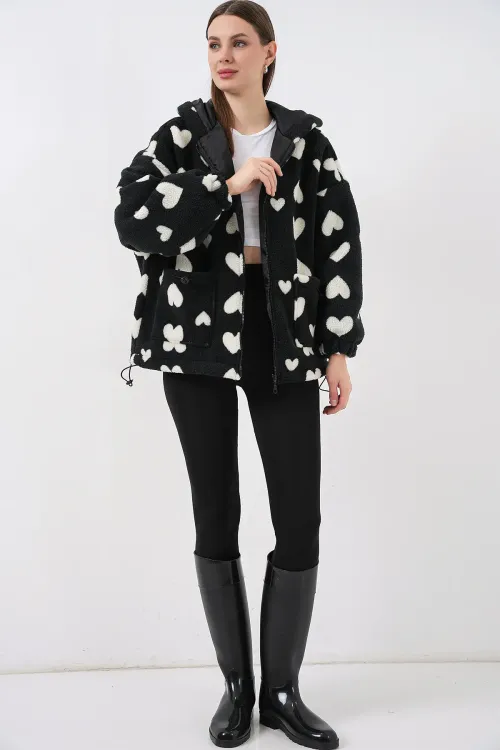 Kadın Kapüşonlu Peluş Ceket 5236 - Siyah