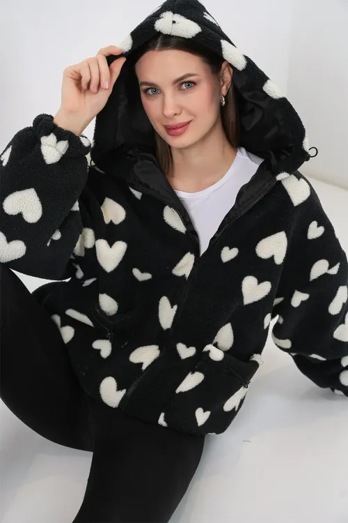 Kadın Kapüşonlu Peluş Ceket 5236 - Siyah
