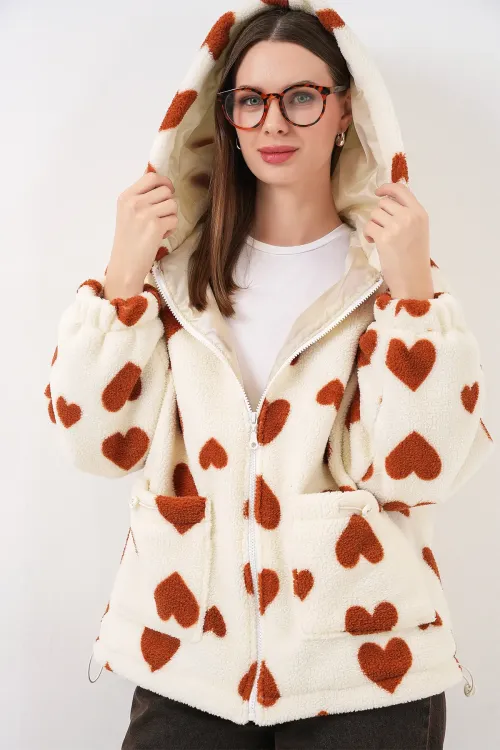 Kadın Kapüşonlu Peluş Ceket 5236 - Taba