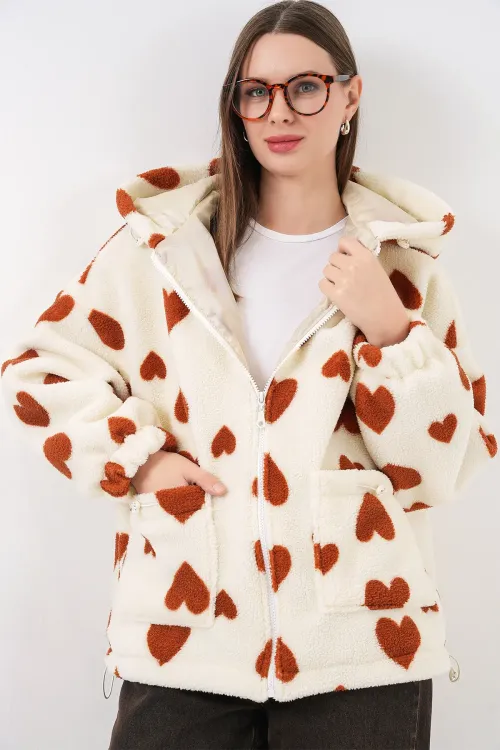 Kadın Kapüşonlu Peluş Ceket 5236 - Taba