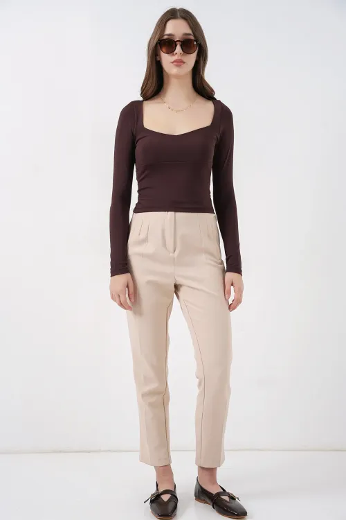 Kadın Kare Yaka Slim Fit Bluz 986 - Kahverengi