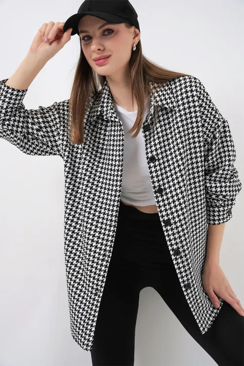 Kadın Kazayağı Desen Oversize Gömlek 3854 - Siyah - Beyaz