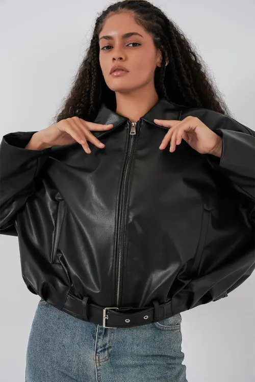 Kadın Kemer Detaylı Deri Ceket 1056 - Siyah