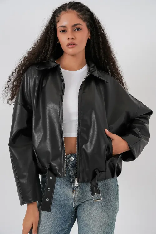 Kadın Kemer Detaylı Deri Ceket 1056 - Siyah