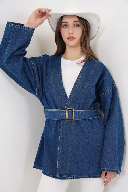 Kadın Kemerli Kot Ceket Tunik 5985 - Mavi