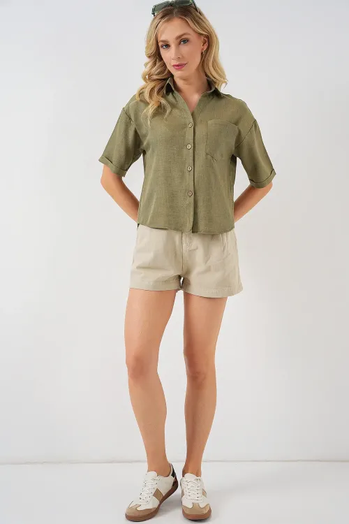 Kadın Keten Görünümlü Crop Gömlek 20339 - Çağla