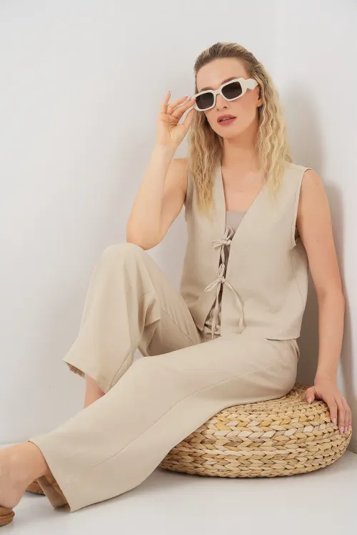 Kadın Keten Görünümlü Sıfır Kol İkili Takım 6746 - Bej