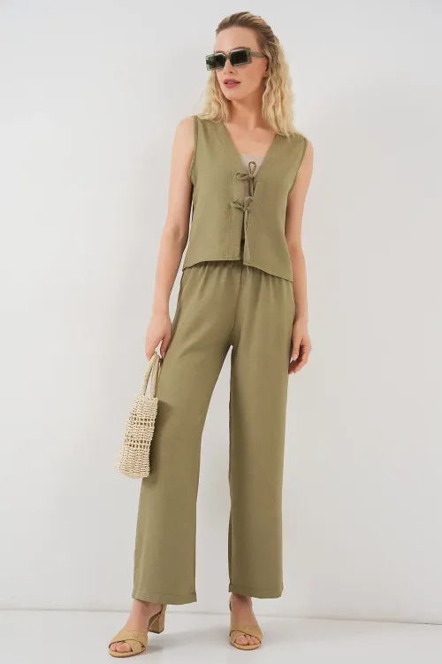 Kadın Keten Görünümlü Sıfır Kol İkili Takım 6746 - Çağla