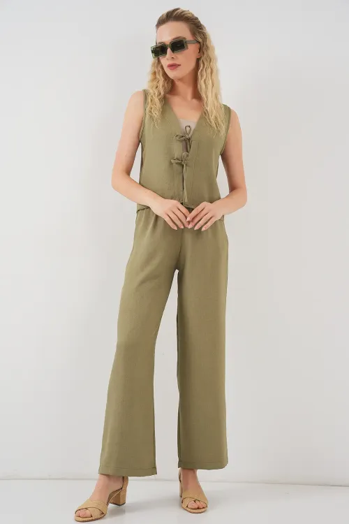 Kadın Keten Görünümlü Sıfır Kol İkili Takım 6746 - Çağla