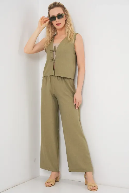 Kadın Keten Görünümlü Sıfır Kol İkili Takım 6746 - Çağla