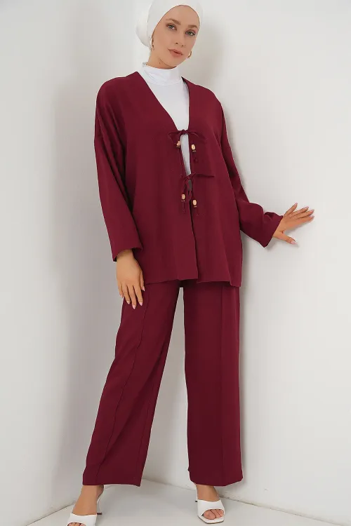 Kadın Keten Kimono İkili Takım 6727 - Bordo