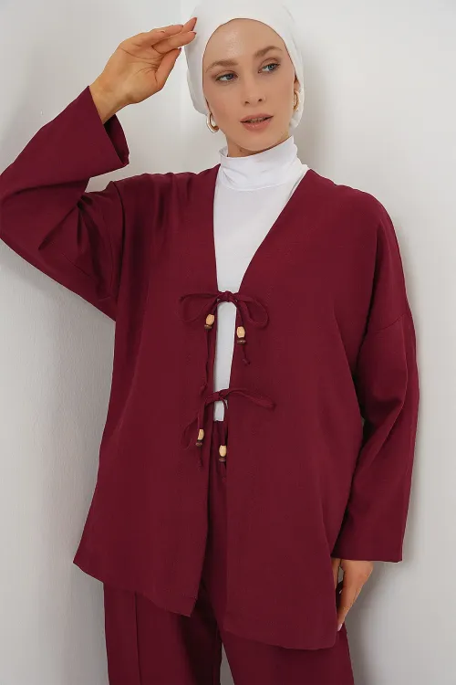 Kadın Keten Kimono İkili Takım 6727 - Bordo
