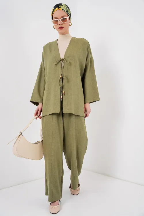 Kadın Keten Kimono İkili Takım 6727 - Çağla
