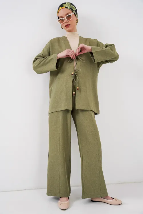 Kadın Keten Kimono İkili Takım 6727 - Çağla