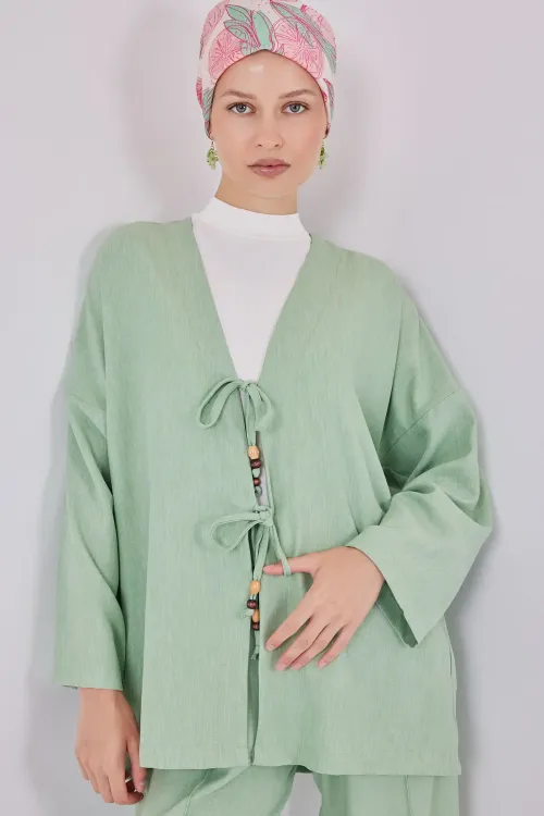 Kadın Keten Kimono İkili Takım 6727 - E.Yeşil