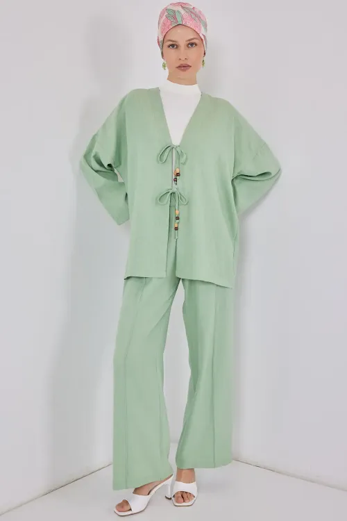 Kadın Keten Kimono İkili Takım 6727 - E.Yeşil
