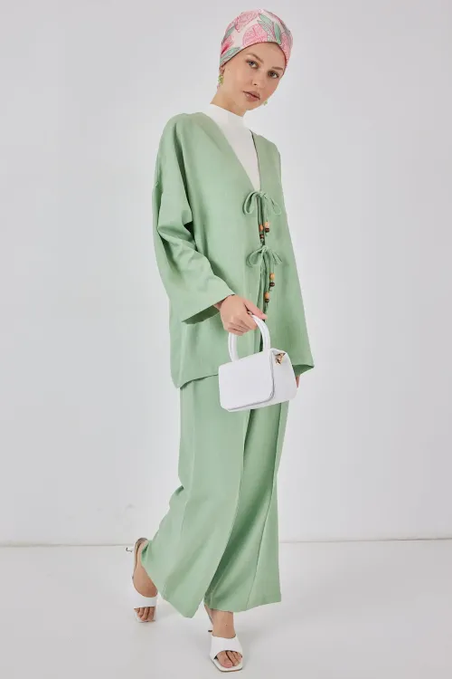 Kadın Keten Kimono İkili Takım 6727 - E.Yeşil