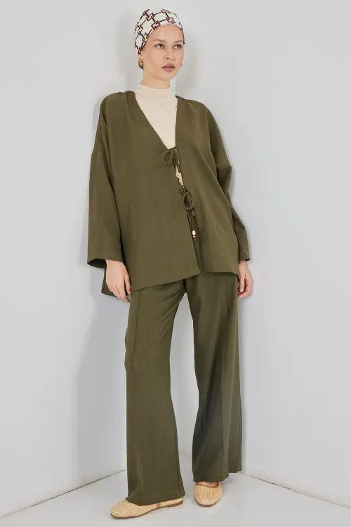 Kadın Keten Kimono İkili Takım 6727 - Haki