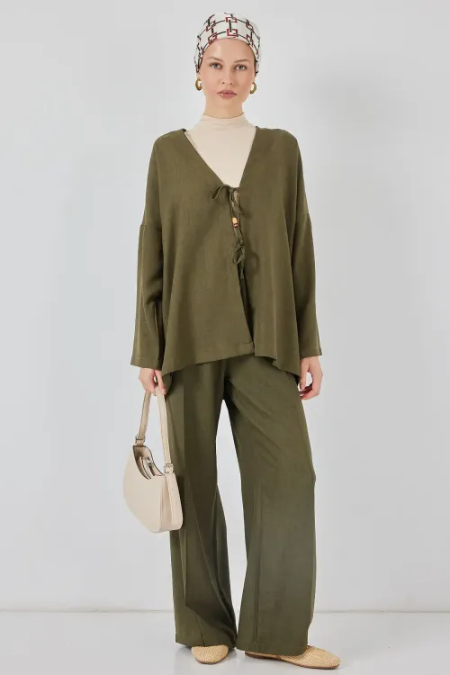 Kadın Keten Kimono İkili Takım 6727 - Haki