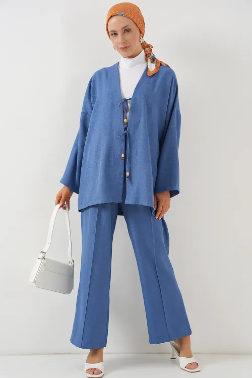 Kadın Keten Kimono İkili Takım 6727 - İndigo